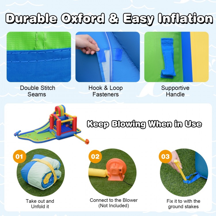 Inflatable kid bounce house slide with climbing wall, made of durable 420 D oxford fabric, perfect for summer fun.