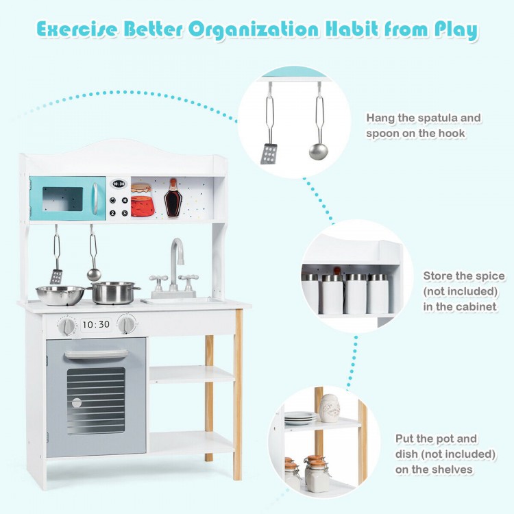 Kids kitchen playset with pot, pan, spatula, and spoon, featuring solid wood, colorful design, and storage for.