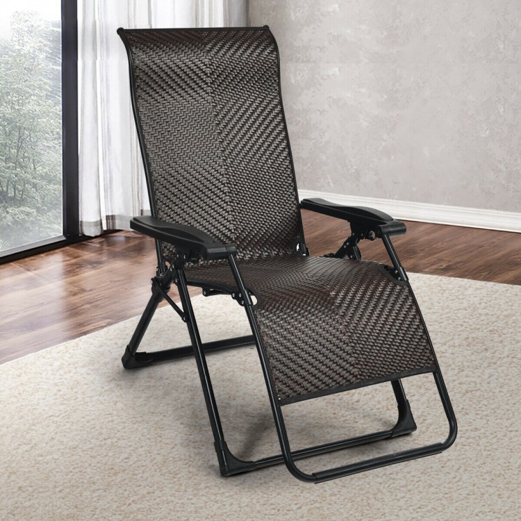 Zero gravity lounge chair in breathable rattan with adjustable design, perfect for outdoor relaxation in summer.