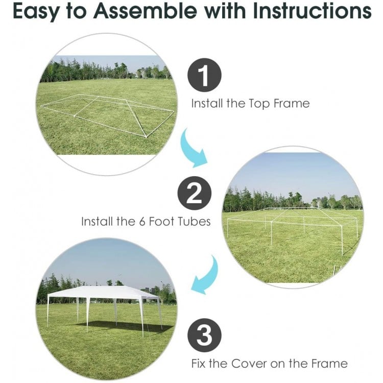 Assembly steps for a 10 x 20 feet waterproof canopy tent, featuring a durable steel frame and weather-resistant fabric.