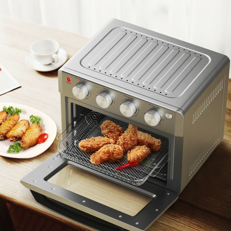 19 Qt convection air fryer toaster oven with chicken wings, featuring 7 cooking functions and a transparent window.