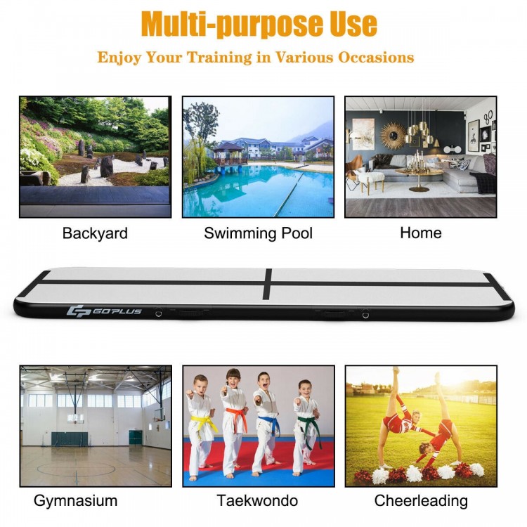 Inflatable 10 feet gymnastics tumbling mat in black, made of durable PVC, ideal for home, backyard, or gym use.