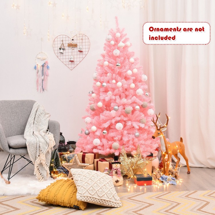 Pink 6-foot artificial Christmas tree with full-bodied design and sturdy metal stand, perfect for festive decorations.