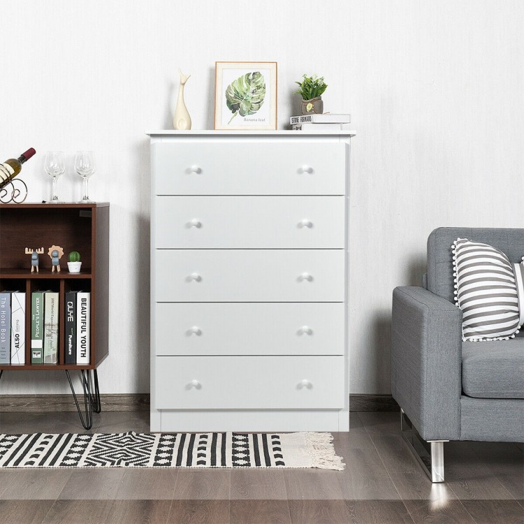 White 5-drawer dresser featuring a smooth surface and top shelf for decor, suitable for compact living spaces.