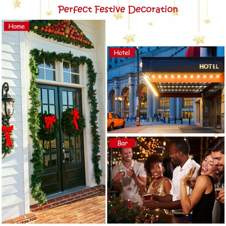 9 ft pre-lit Christmas garland with red berries and 50 LED lights, perfect for festive indoor or outdoor decoration.