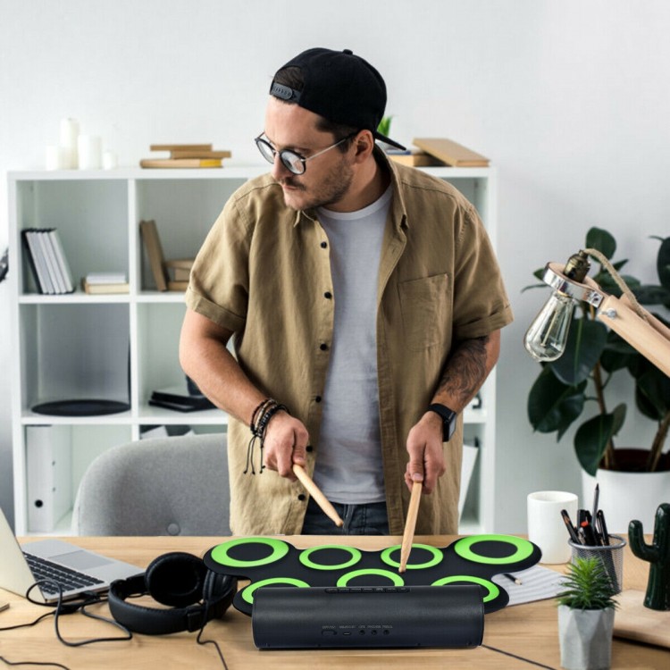 Electronic roll-up drum pads in green, featuring 7 sensitive-touch pads, ideal for beginners and music lovers.