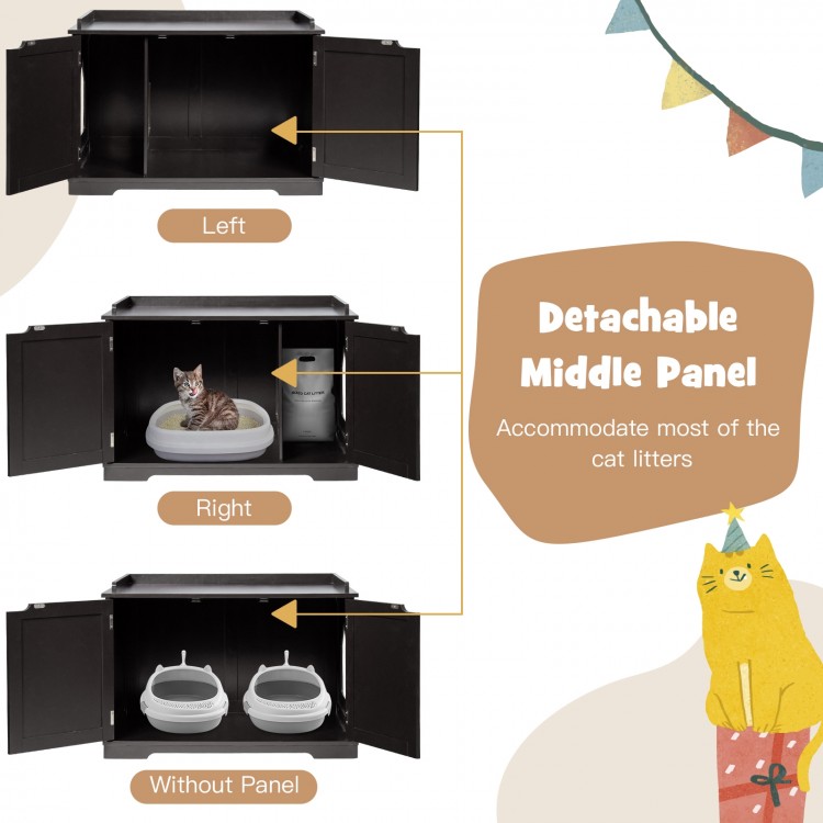 Cat litter box enclosure in black with double doors, featuring a detachable middle panel for versatile storage options.