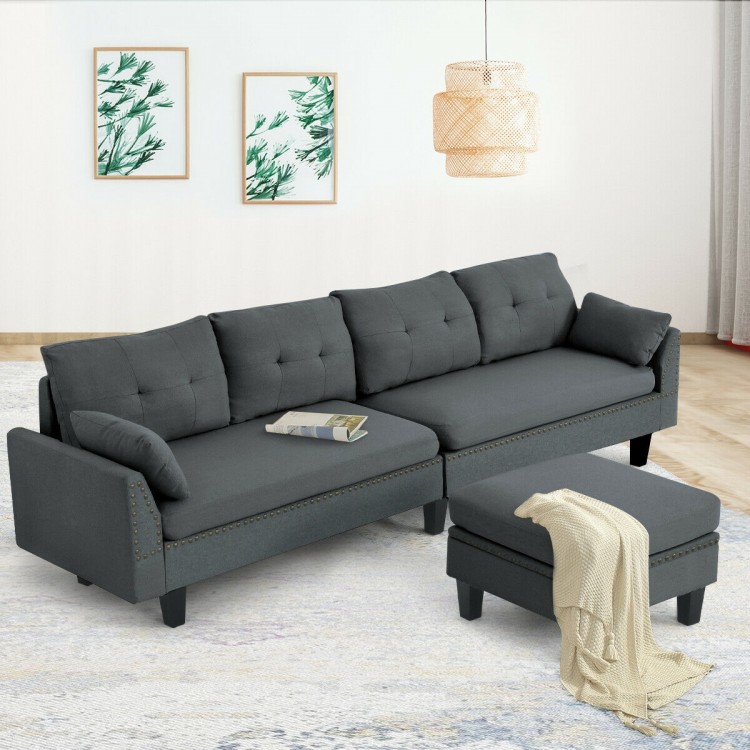 L-shaped gray reversible sectional sofa with ottoman, featuring breathable linen fabric and chic rivet trim for stylish.