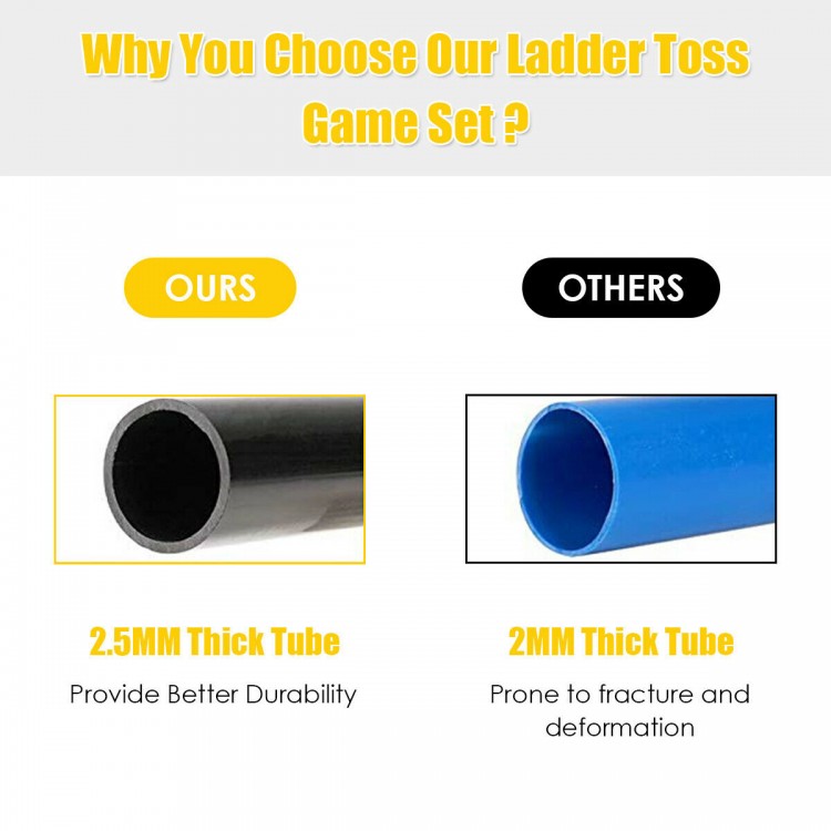 Ladder ball toss game set with durable 2.5mm thick PVC tubes, designed for 2-4 players, perfect for indoor or outdoor.