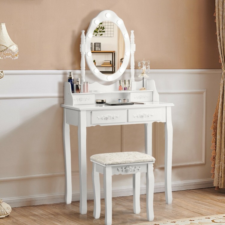 Front view of a white makeup vanity dressing table set with dimmable bulbs, featuring a clear mirror and elegant design.
