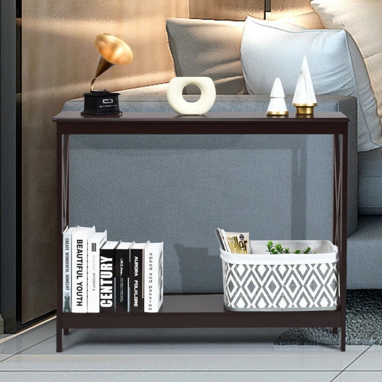 Dark brown 2-tier console table with X-design, featuring an open shelf for storage, perfect for living rooms or.