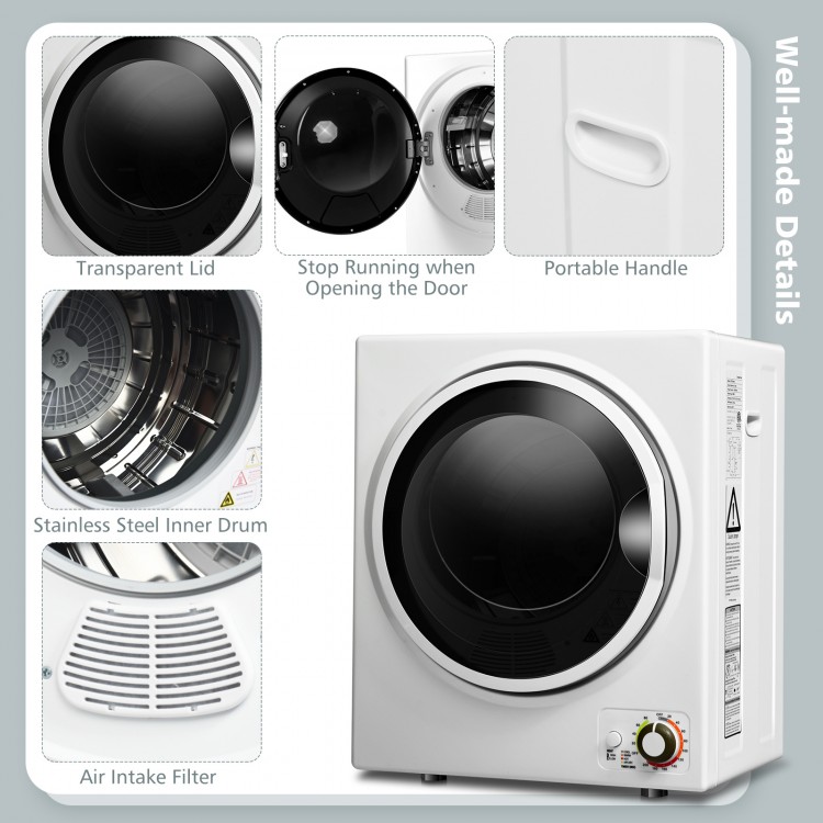 Compact 1.5 cu. ft. clothes dryer with stainless steel drum, transparent lid, and portable handle for easy use.