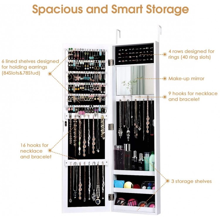 Wall-mounted jewelry cabinet in white with full-size mirror, featuring 40 ring slots and 25 hooks for organized storage.