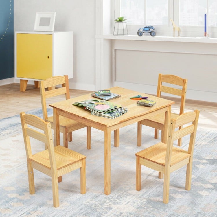 Kids pine wood table and chair set with 1 rectangular table and 4 chairs, perfect for indoor or outdoor use.