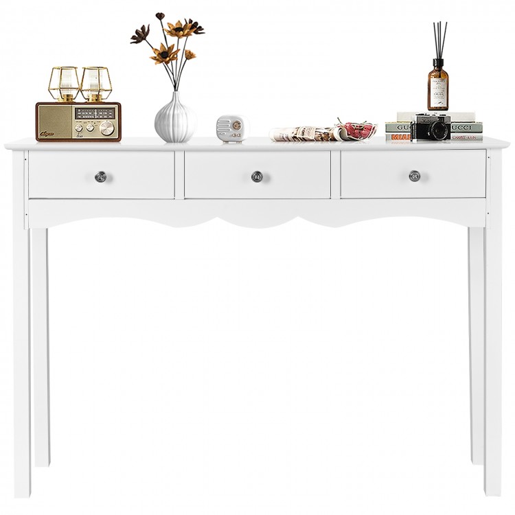 Side view of the white side sofa table with three drawers and vintage metal handles, ideal for entryway decor and.