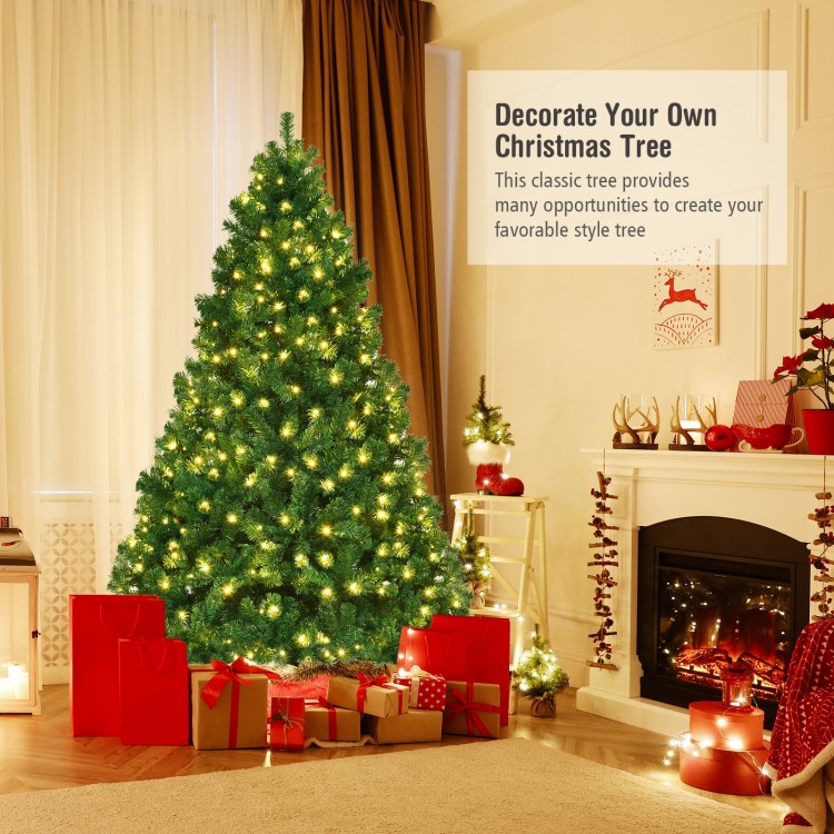 7-foot PVC artificial Christmas tree with pre-lit LED lights, perfect for indoor holiday decoration and easy setup.