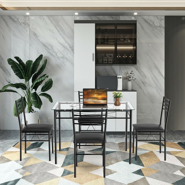 Close-up of the smooth, tempered glass tabletop with rounded corners, enhancing safety and modern style in a dining set.