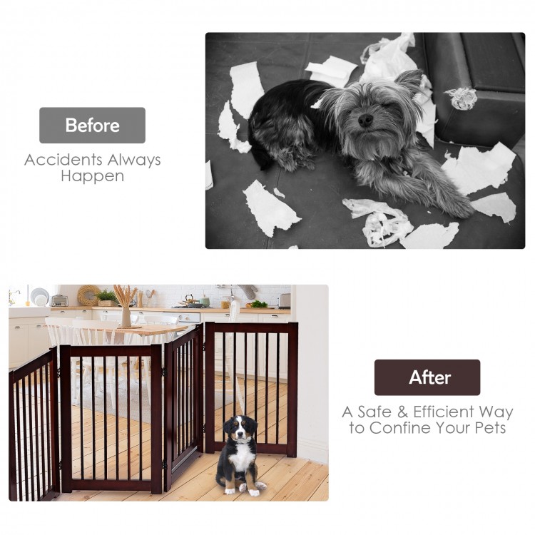Configurable 30-inch wood pet gate in cherry finish, ideal for doorways and hallways, ensuring pet safety and mobility.