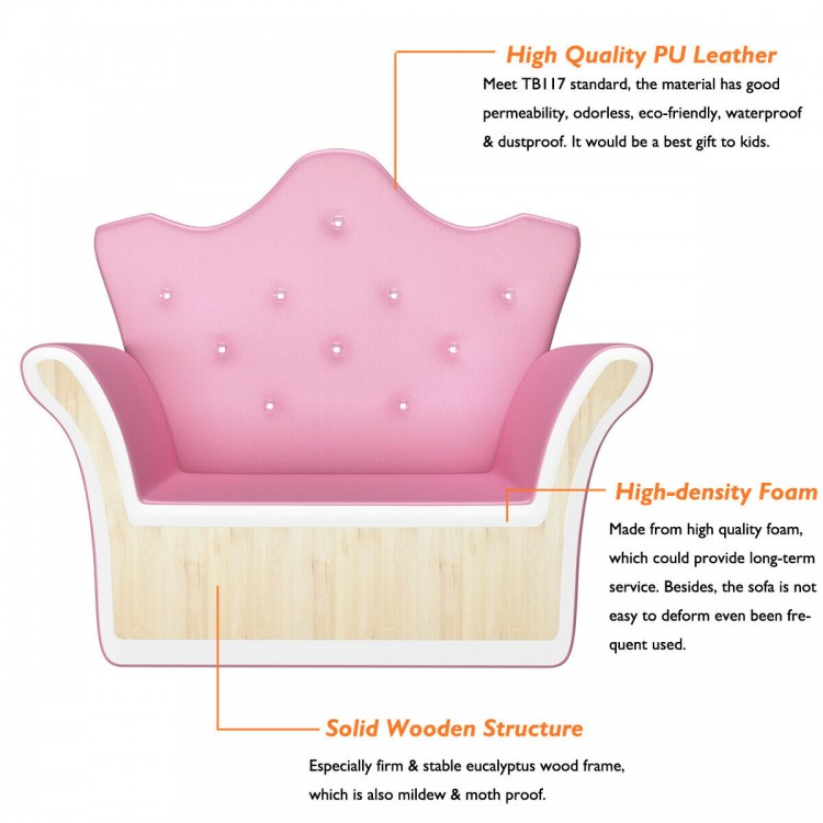 Children's pink upholstered princess sofa with ottoman, featuring diamond decoration, perfect for playrooms and reading.