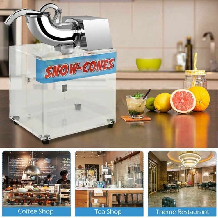 Electric snow cone machine with stainless steel construction, acrylic housing, and dual blades for efficient ice.