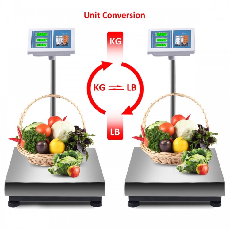 Digital floor platform scale with stainless steel surface, ideal for weighing up to 660 lbs in postal or industrial.