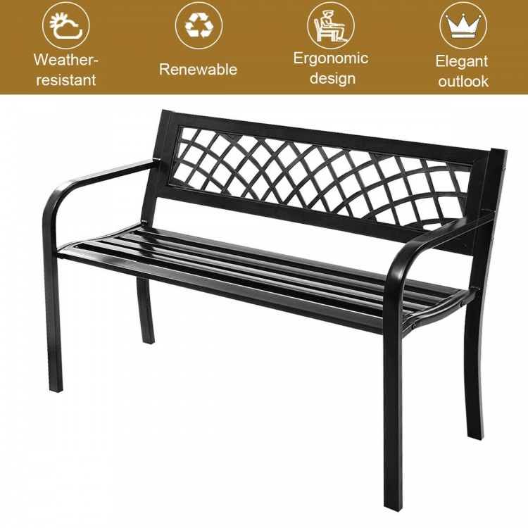 Outdoor bench with steel frame and PVC backrest mesh, featuring an ergonomic design for comfortable seating.
