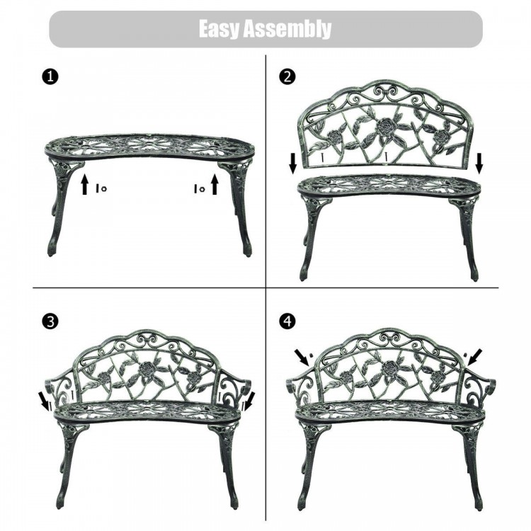 Antique rose style outdoor cast aluminum patio bench with easy assembly instructions for garden or backyard use.