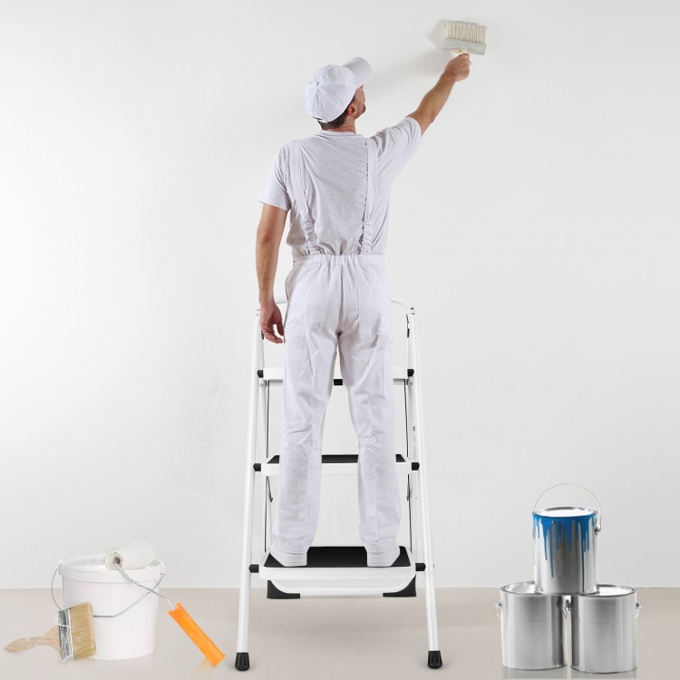 Folding 3-step ladder with handgrip, anti-slip platform, ideal for home or office use to reach high places safely.