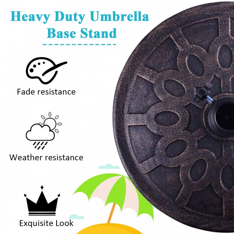 Heavy duty 30lbs umbrella base with decorative bronze finish, rust-resistant for outdoor patio use.