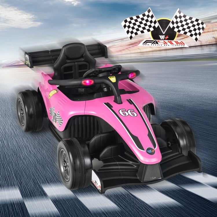 Pink 12V kids ride-on electric Formula racing car showcasing the sleek design and detailed racing number 66 on the.