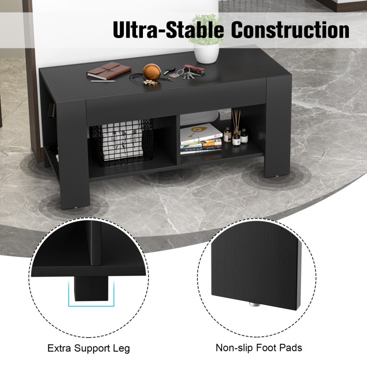Black 2-tier wood coffee table with storage shelves, featuring anti-skid foot pads for stability and scratch resistance.