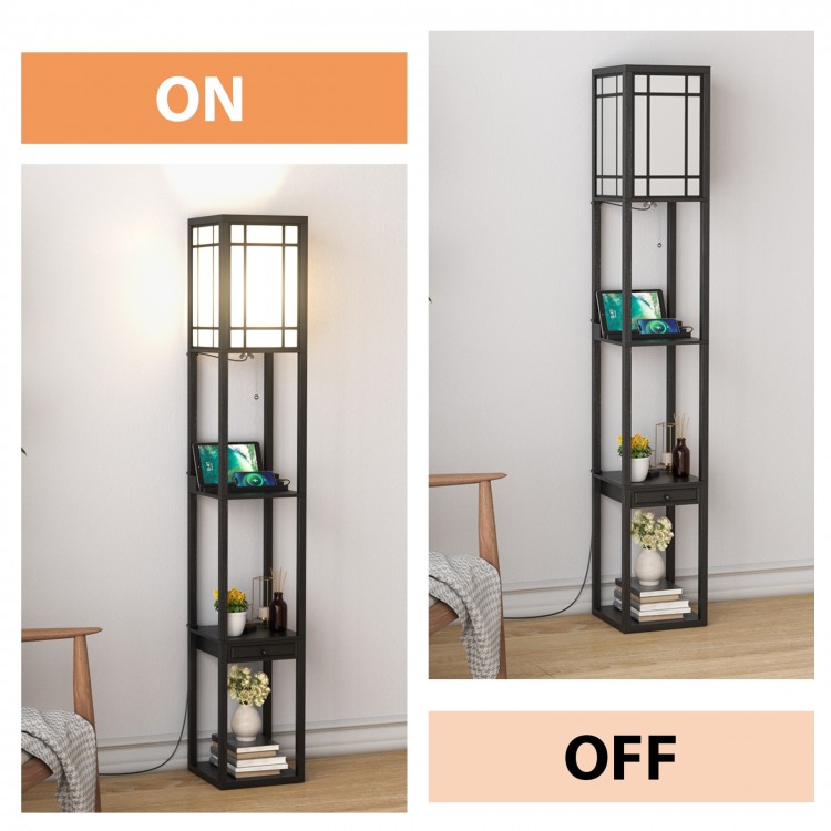 Modern floor lamp with shelves and drawer, featuring a white lampshade and USB ports, perfect for living room or.