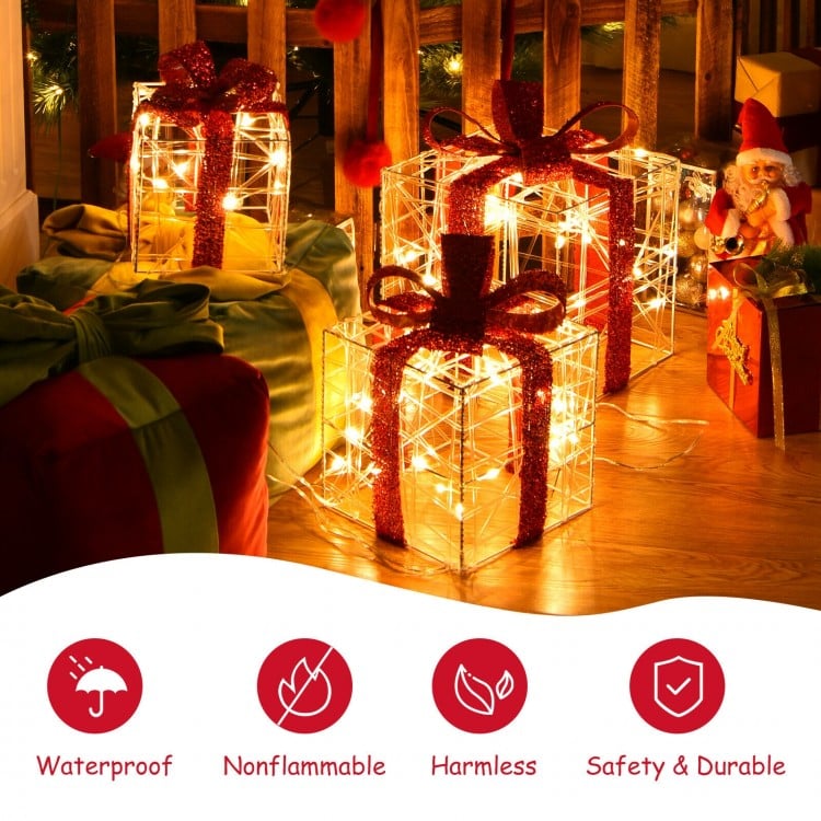 Lighted gift boxes with 60 LED lights, waterproof and durable, perfect for indoor and outdoor Christmas decorations.