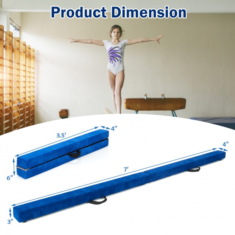 Folding 7 feet blue balance beam with handles, featuring a wood core and foam top for safe gymnastic training at home.