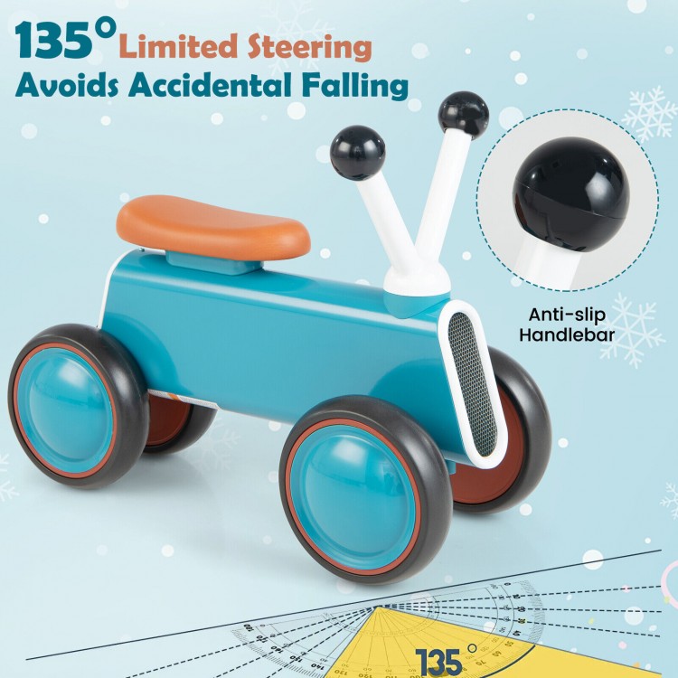 Baby balance bike in blue with 135-degree steering, non-slip handlebars, and cushioned seat for safe riding.