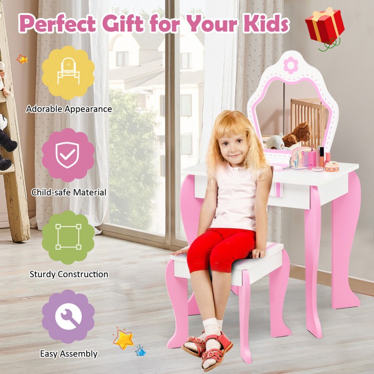 Toddler vanity set with detachable mirror, sturdy MDF construction, and cute flower patterns, perfect for kids'.