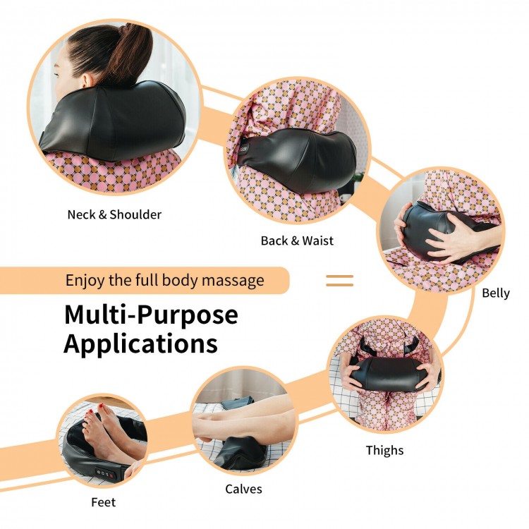 Shiatsu neck massager with heat, featuring 8 deep-kneading nodes for full-body relaxation and muscle relief.