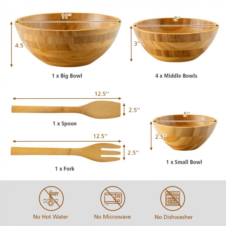 Bamboo salad bowl set featuring one big bowl, four middle bowls, and one small bowl, ideal for serving various foods.