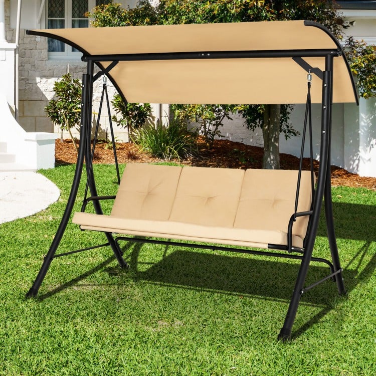 3-seat outdoor porch swing featuring a solid rustproof steel frame and breathable Olefin fabric cushions for outdoor.