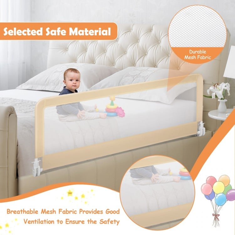 Extra long 59-inch beige baby bed rail guard with breathable mesh fabric for added safety and comfort during sleep.