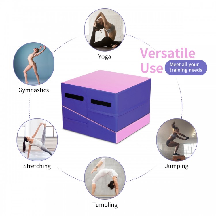 Folding wedge exercise gymnastics mat in purple, featuring handles for easy transport, ideal for yoga, tumbling, and.