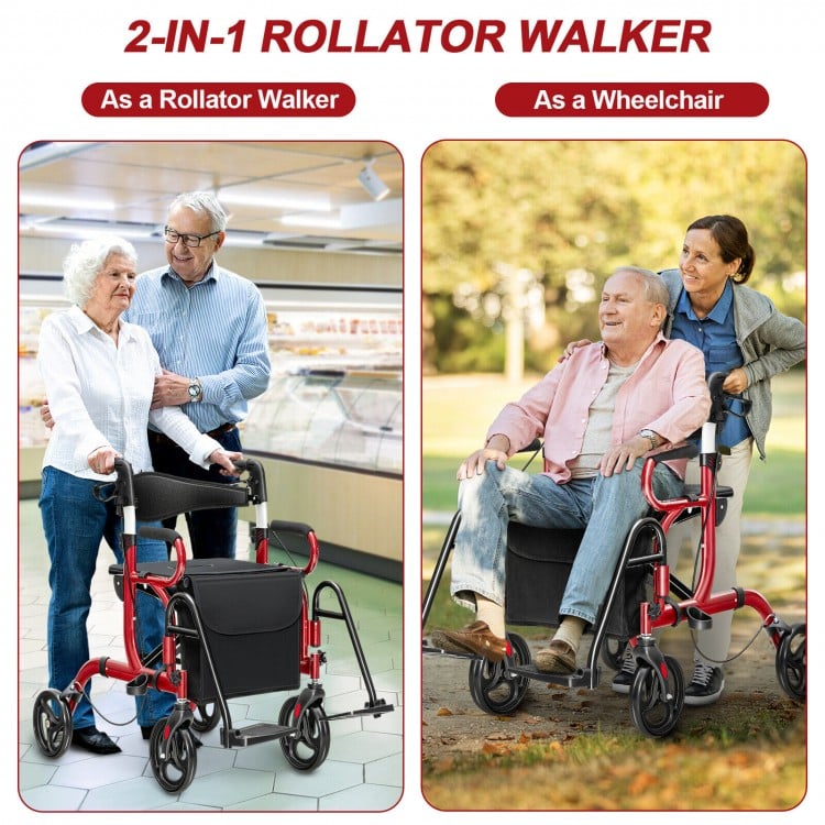 Folding rollator walker in red, shown as a wheelchair with footrests, ideal for seniors and those with limited mobility.