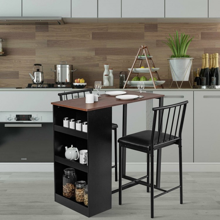 Triangular table with two black chairs in a modern kitchen, featuring storage shelves for compact dining solutions.