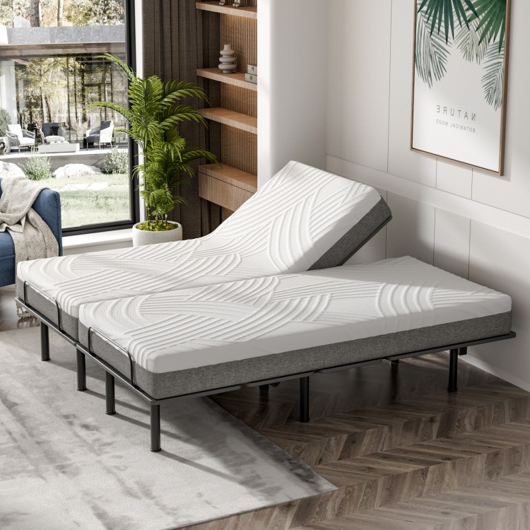 Adjustable bed with gel memory foam mattress, featuring a dual USB port and remote control for customizable comfort.