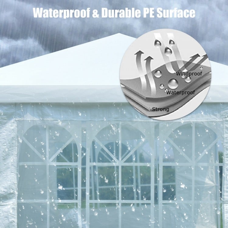 10x20 feet canopy tent with waterproof PE surface and removable sidewalls, ideal for outdoor events and gatherings.