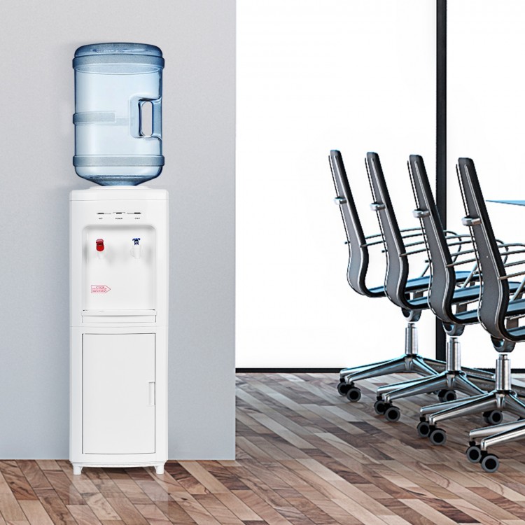 5-gallon hot and cold water cooler dispenser with child safety lock, ideal for office and public spaces, featuring a.
