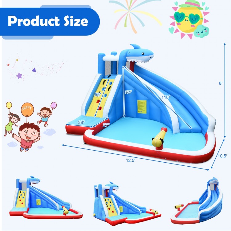 Inflatable Shark Bounce House with water slide and climbing wall, measuring 12.5' x 10.5', perfect for backyard fun.