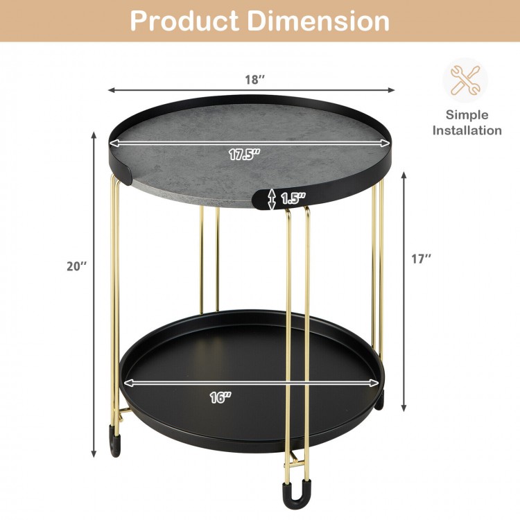 2-tier round side table with removable tray, grey dolomite top and golden metal frame, perfect for small spaces.