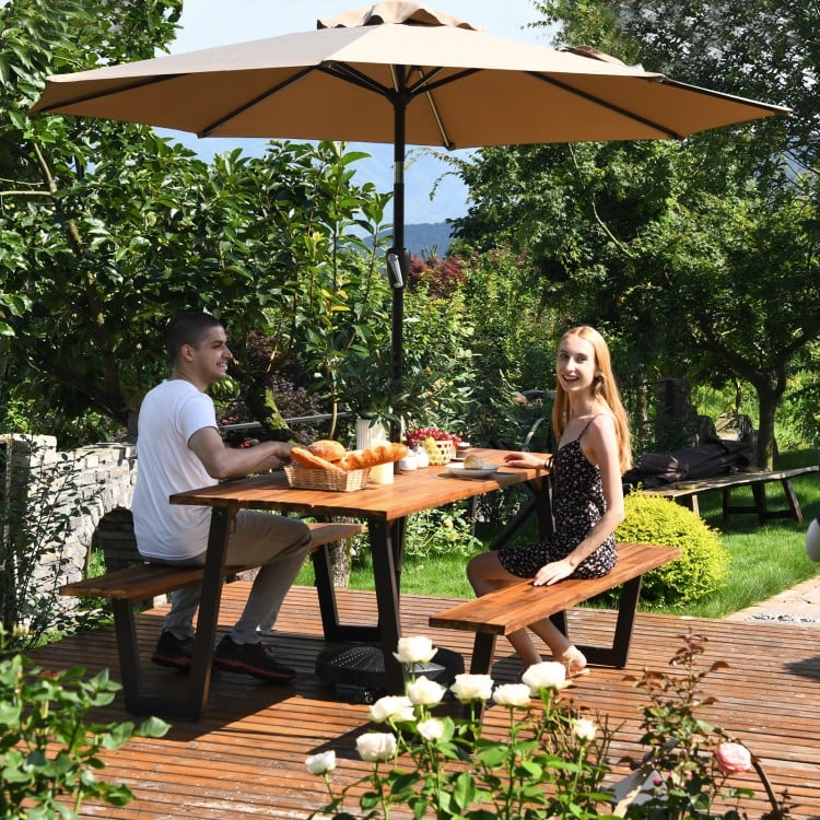 70-inch acacia wood dining table set with metal frame, perfect for outdoor use in backyard or garden, featuring.