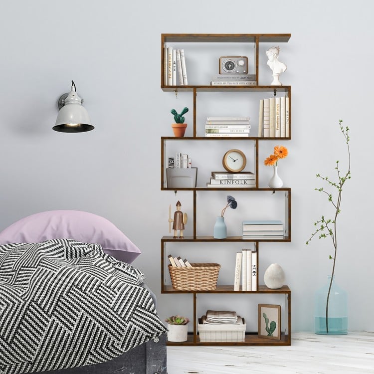 S-shaped 6-tier bookshelf in coffee color, featuring open compartments for books and decor, perfect for modern.